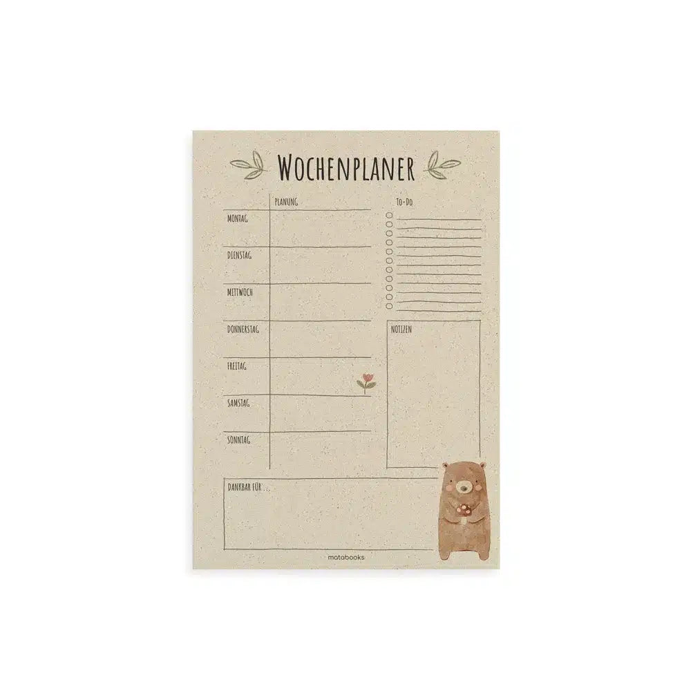Vegan produzierter Wochenplaner, Wochenübersicht, Schreibtischplaner, Familienplaner, Terminplaner, To-do-Liste, Arbeitsplaner, Uni-Planer, Wochenkalender, Schreibblock A4 aus Graspapier von matabooks